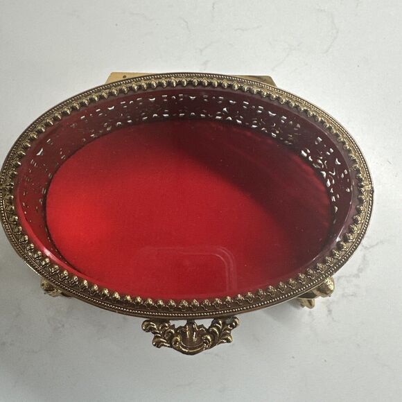 Vintage Ormulu Cherub Vanity Footed Jewelry Trinket Brass Box With Glass Top NIB - Picture 2 of 16